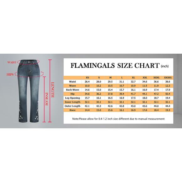 Flamingals Women's Floral Embroidery Mid Waist High Stretch Bootcut Jeans XL - Picture 2 of 8